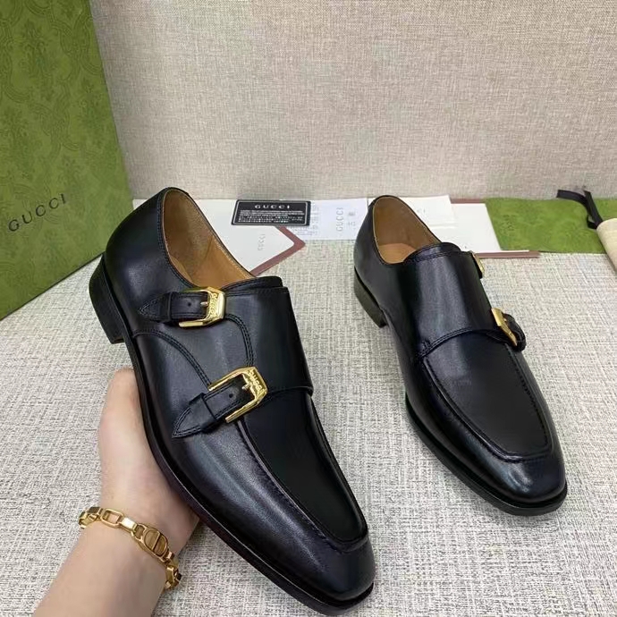 Gucci Men Monk Strap Loafer Smooth Black Leather Buckle Sole Flat 2 Cm Heel