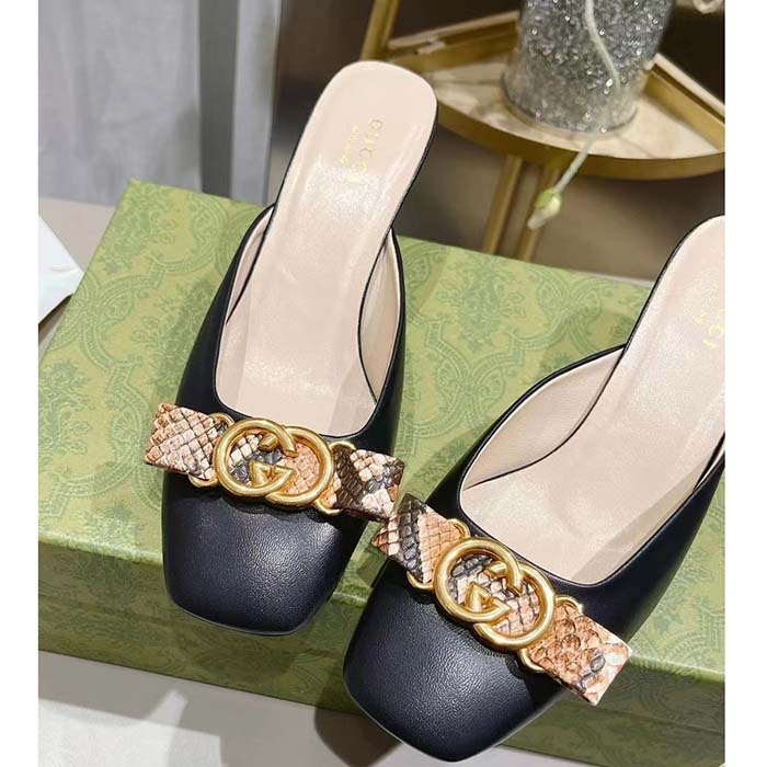 Gucci Women GG Interlocking G Mule Black Leather Square Toe Leather Mid-Heel