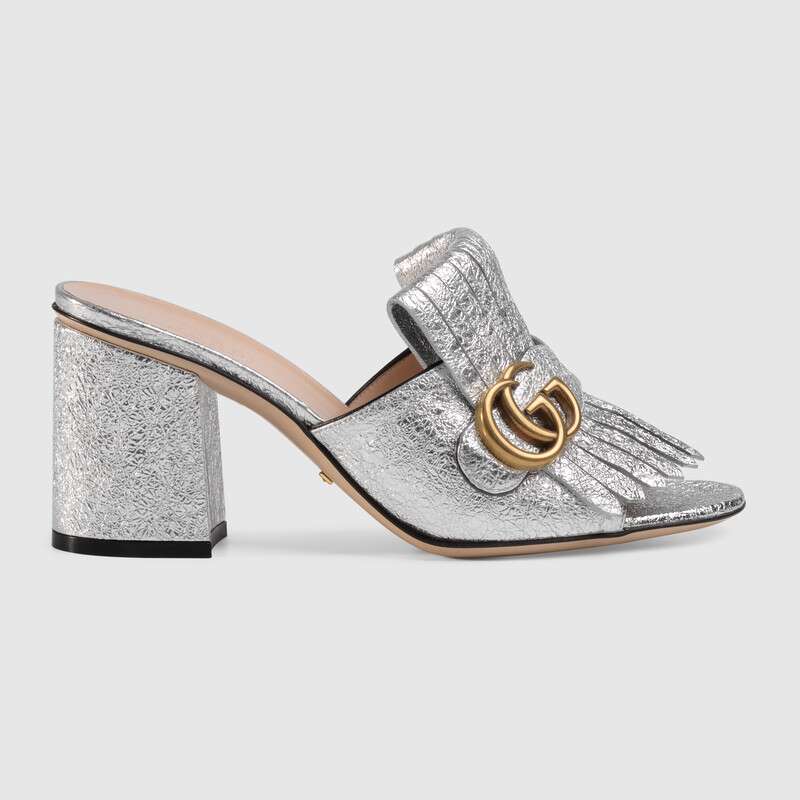 Gucci Women Suede Mid-Heel Slide 75mm Heel-Silver