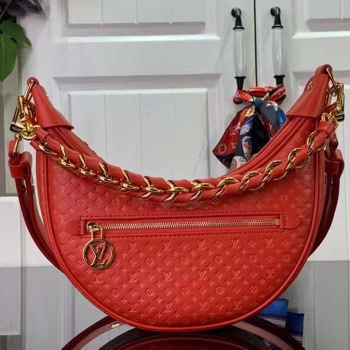 Louis Vuitton LV Women Loop Half-Moon Baguette Bag Red Calfskin Monogram Flowers