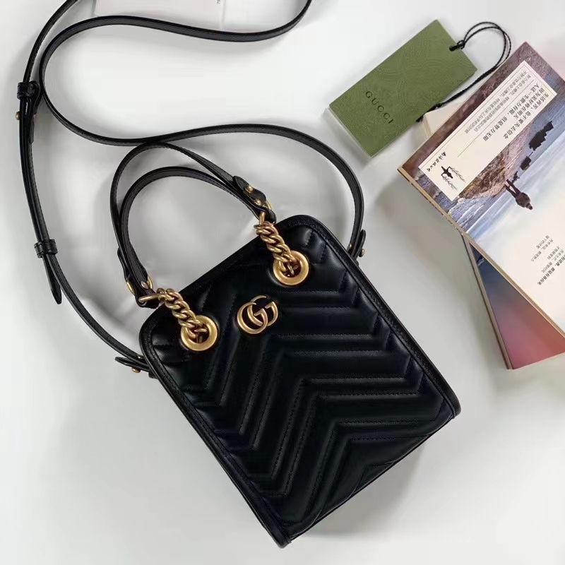 Gucci Women GG Marmont Matelassé Mini Bag Black Chevron Leather