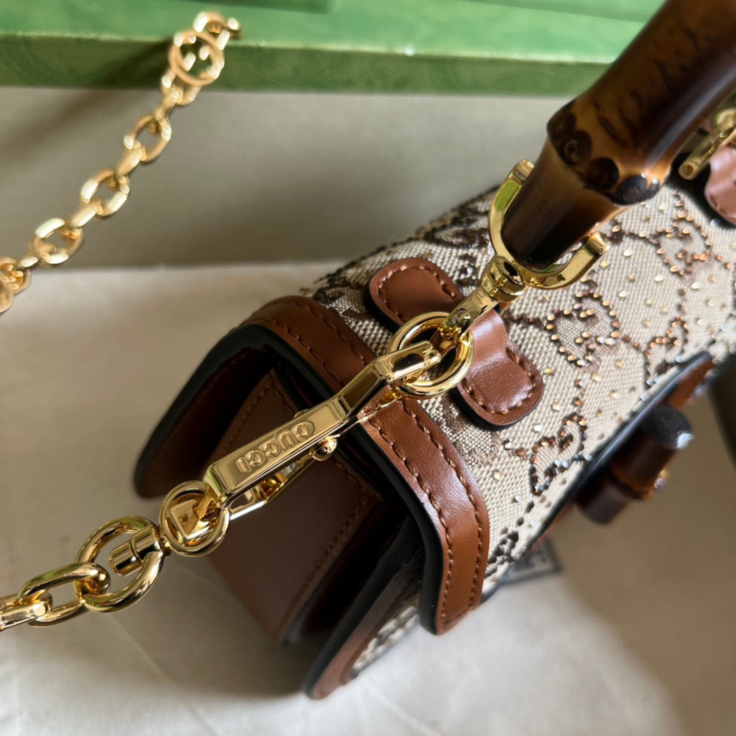 Gucci Women Bamboo 1947 Mini Top Handle Bag Beige Ebony Canvas GG Crystal