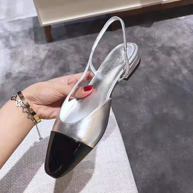 Chanel Women Slingbacks in Metallic Lambskin & Satin-Silver