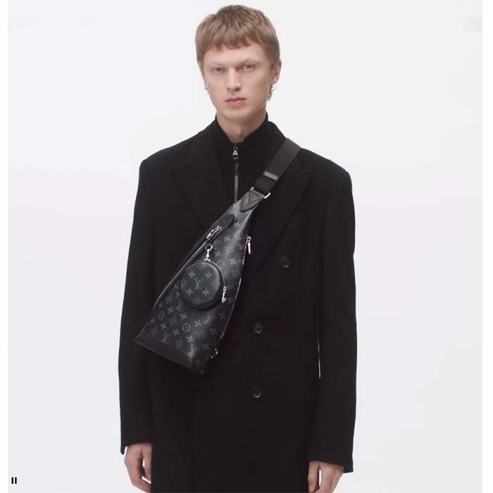 Louis Vuitton LV Unisex Duo Sling Bag Black Monogram Coated Canvas Taiga Cowhide Leather