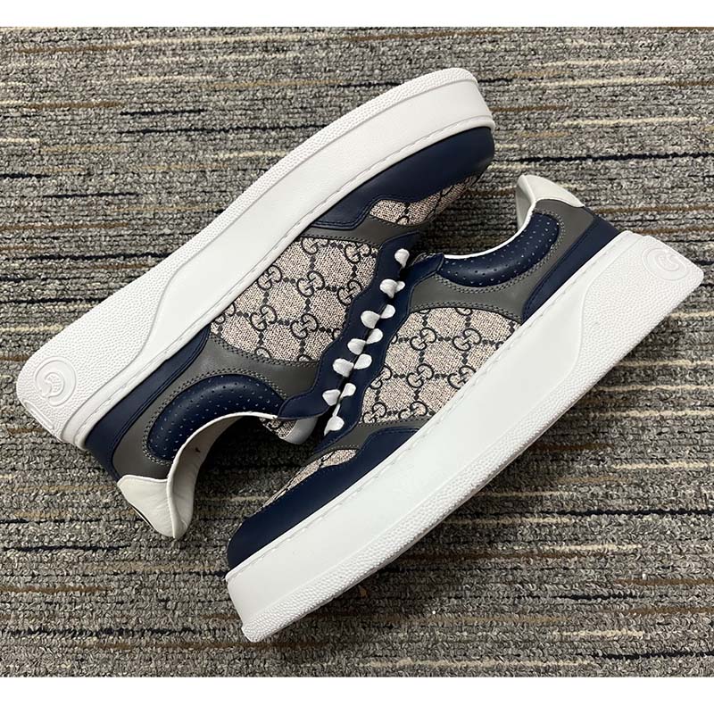 Gucci Unisex GG Sneaker Beige Blue Supreme Canvas Rubber Mid 5.5 Cm Heel