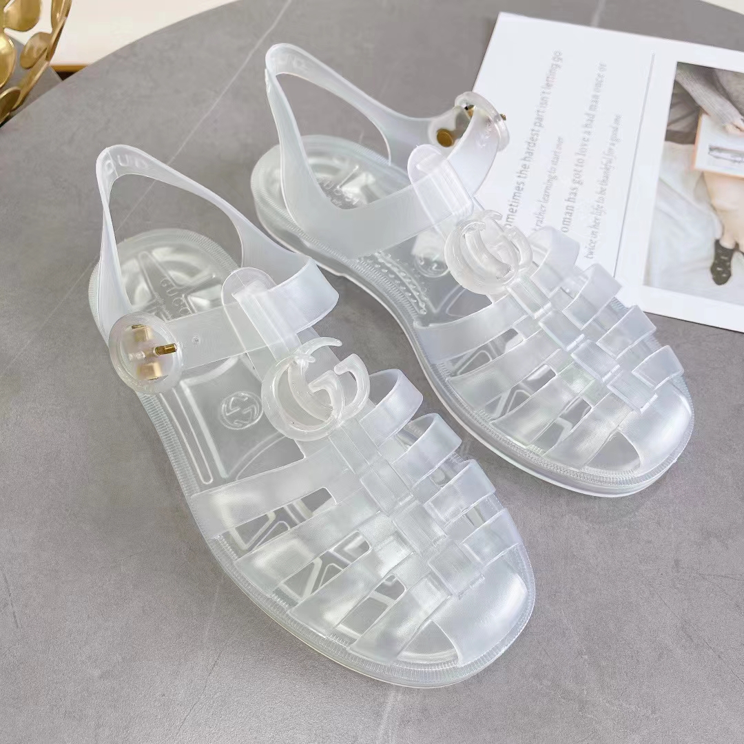 Gucci Unisex GG Sandal Double G Transparent Rubber Sole Ankle Buckle Closure Flat
