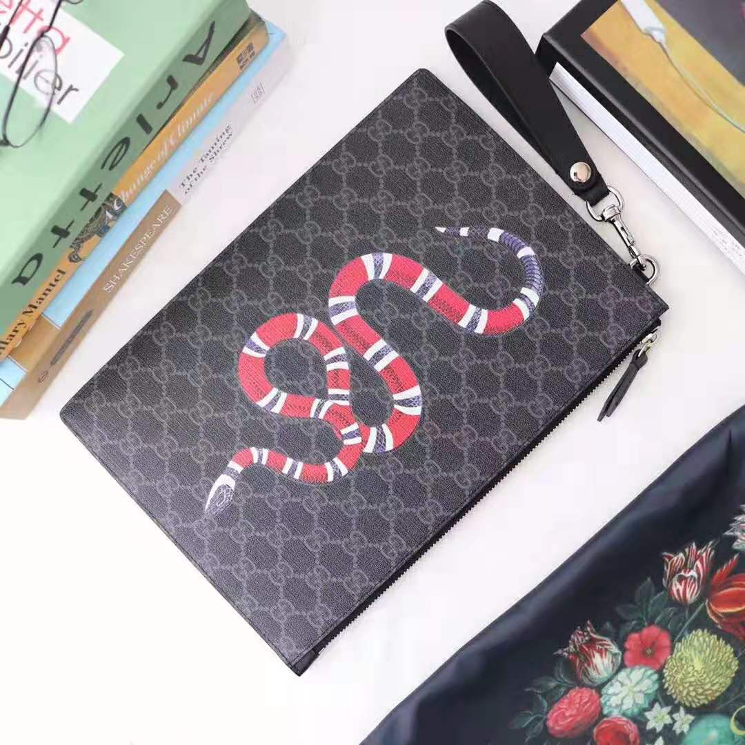 Gucci GG Men Gucci Bestiary Pouch with Kingsnake in Black/Grey GG Supreme Canvas