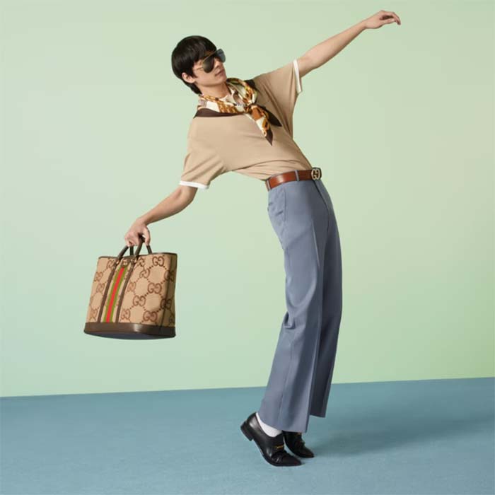 Gucci Unisex Jumbo GG Medium Tote Bag Camel Ebony Canvas Double G