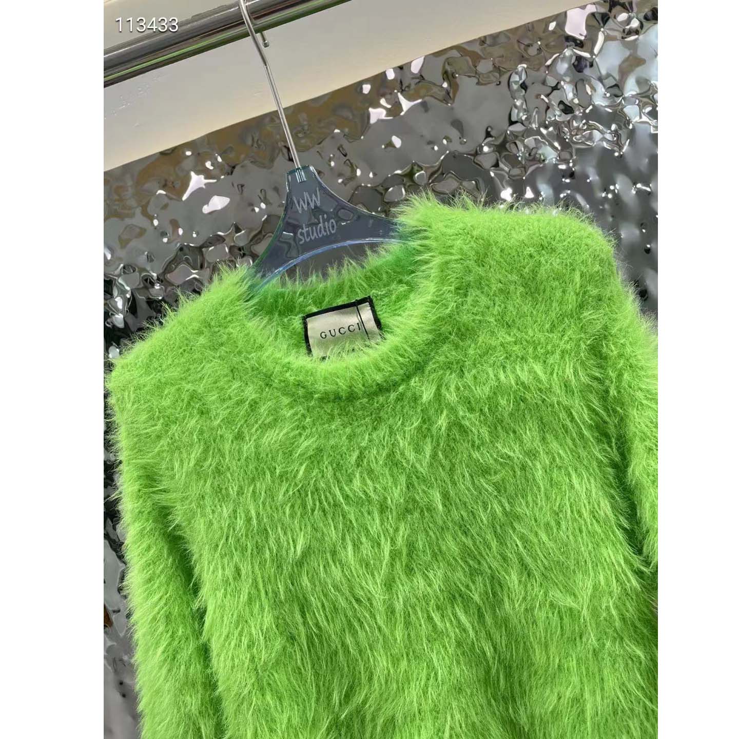 Gucci Women GG Brushed Wool Knit Sweater Bright Green Long Sleeves Crewneck