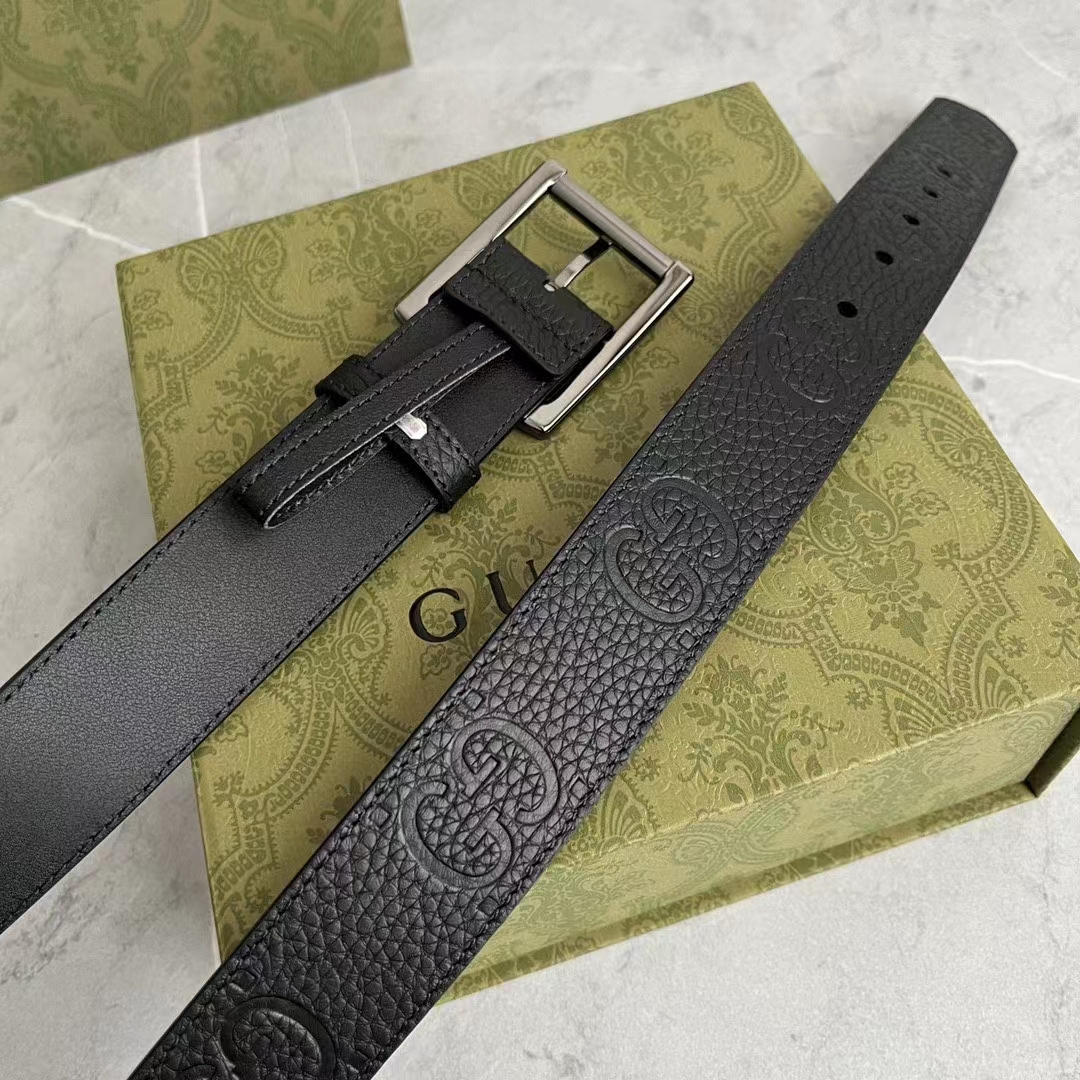 Gucci GG Unisex Rubber-Effect Leather Belt Black Square Buckle 3.3 CM Width