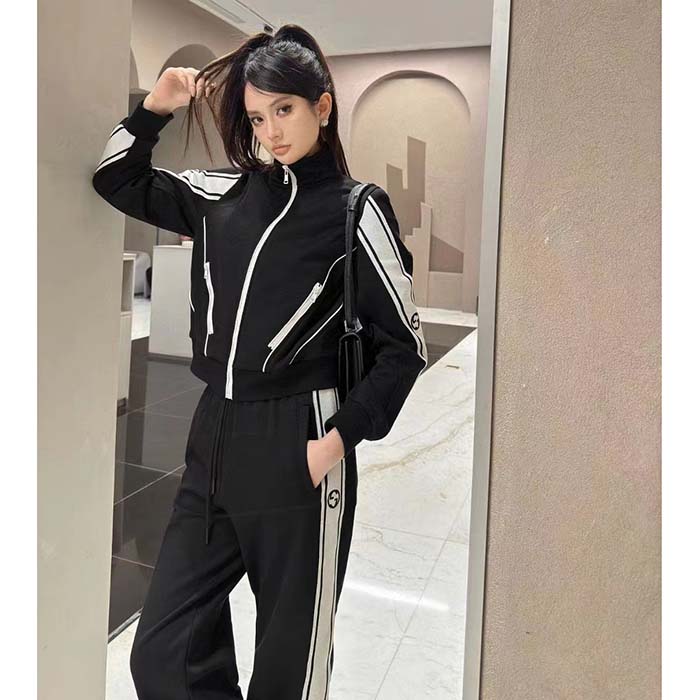 Gucci GG Women Cotton Jersey Zip Jacket Black Lightweight Felted Point Collar Long Sleeves