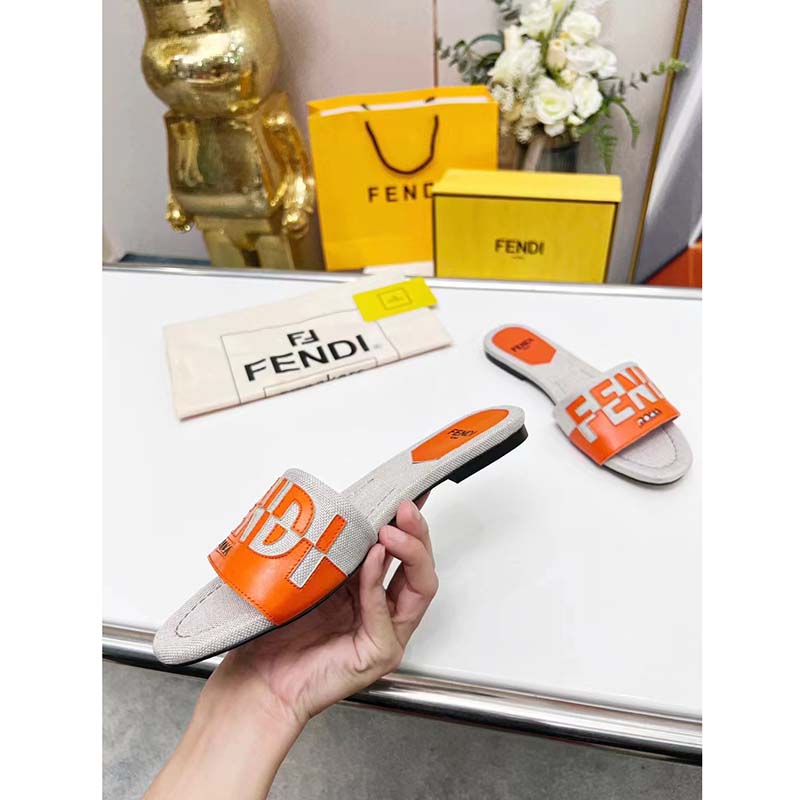 Fendi Women FF Signature Canvas Brown Leather Slides 1 Cm Heel