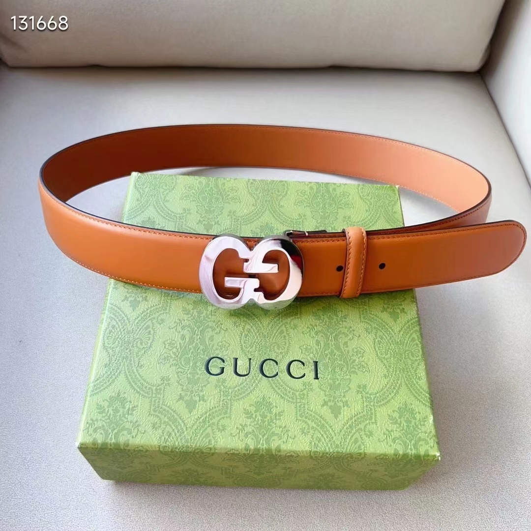 Gucci GG Unisex Buckle Wide Belt Brown Leather Double G 4 CM Width