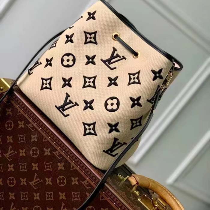 Louis Vuitton LV Unisex Néonoé MM Black Lotus Cotton Cowhide Leather