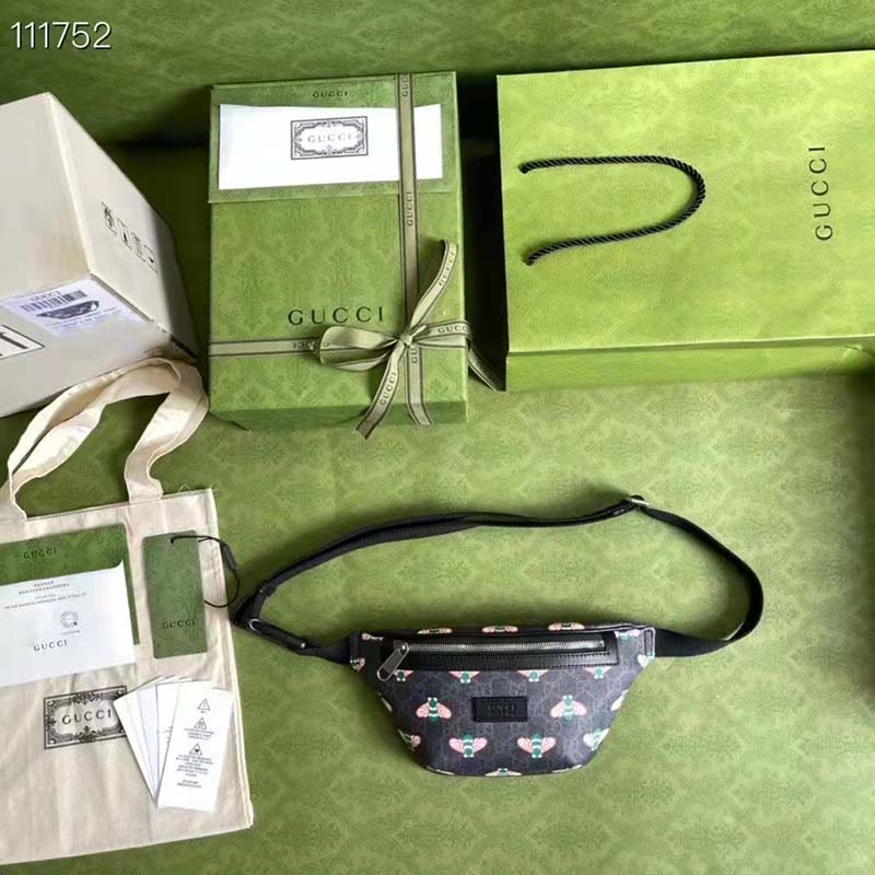Gucci Unisex Gucci Bestiary Belt Bag Bees Black GG Supreme Canvas