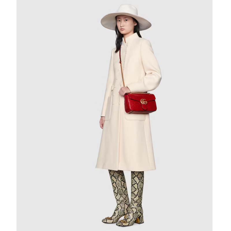 Gucci Women GG Marmont Crocodile Small Shoulder Bag Red Double G