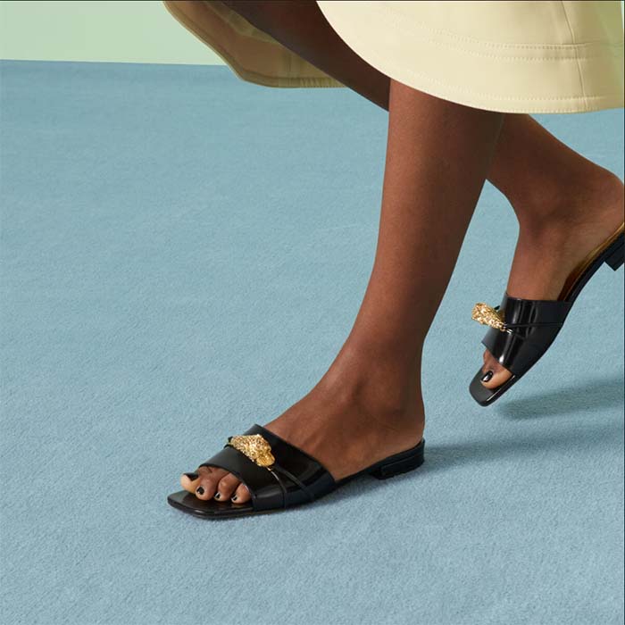 Gucci Women GG Slide Sandal Tiger Head Black Patent Leather Flat