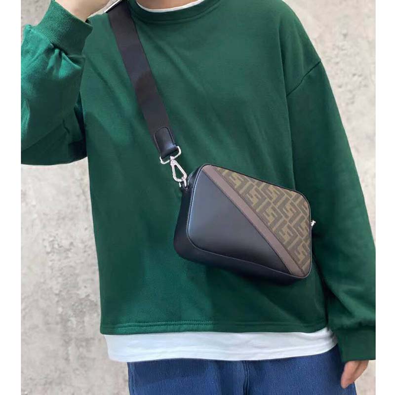 Fendi Unisex Camera Case Compact Shoulder Brown Fabric Bag FF Motif