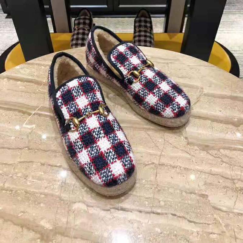 Gucci Unisex GG Check Tweed Loafer in Blue White and Red Check Tweed