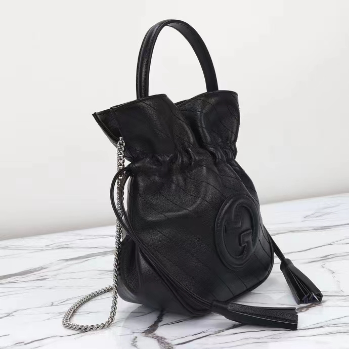 Gucci Women GG Blondie Mini Bucket Bag Black Leather Round Interlocking G