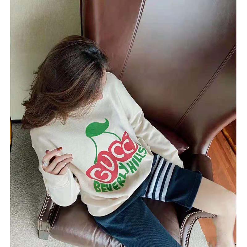 Gucci Women Beverly Hills Cherry Print Sweatshirt Cotton Jersey Crewneck Puff Sleeves-White