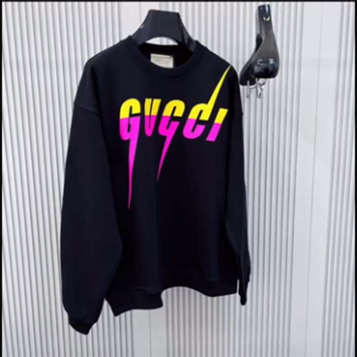 Gucci Women GG Cotton Jersey Printed Sweatshirt Black Felted Blade Print Crewneck Long Sleeves