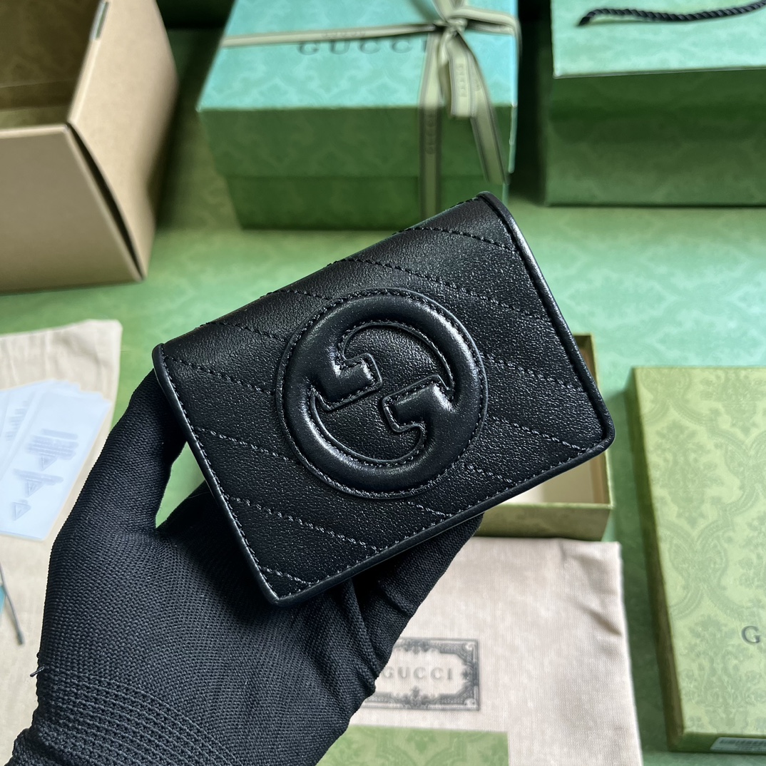 Gucci GG Unisex Blondie Card Case Wallet Black Leather Taffeta Lining Round Interlocking G