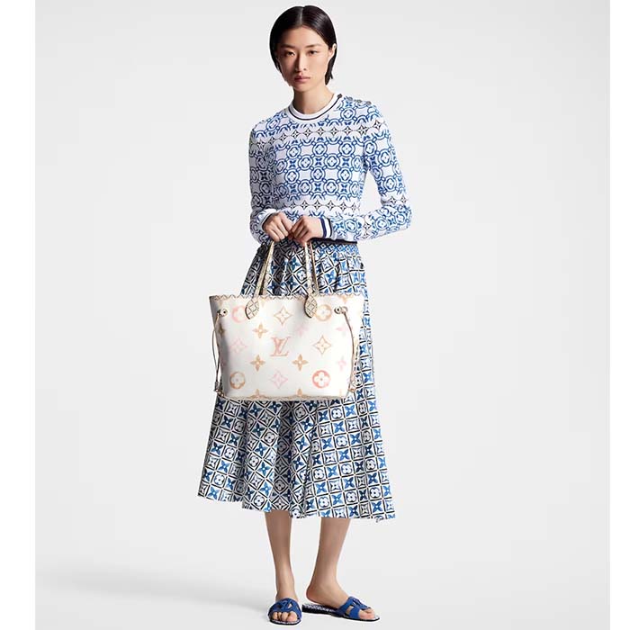 Louis Vuitton LV Unisex Neverfull MM Beige Monogram Coated Canvas Textile Lining