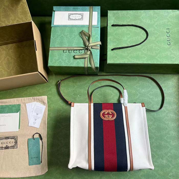 Gucci Women GG Small Interlocking G Tote Bag White Cotton Canvas