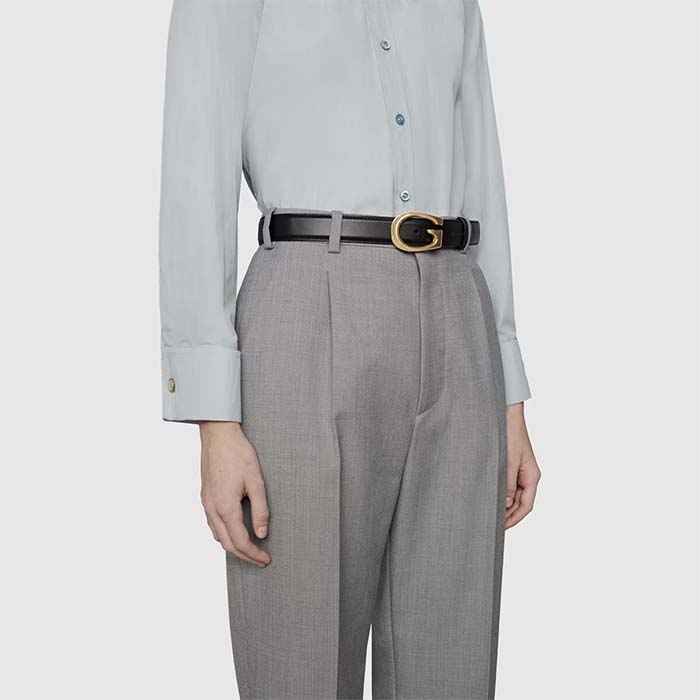 Gucci GG Unisex Thin Belt with G Buckle Black Leather 3 Cm Width