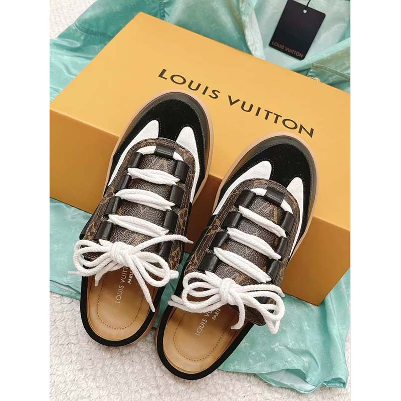 Louis Vuitton Women LV Lous Open-Back Sneaker Black Suede Calf Leather Double Laces