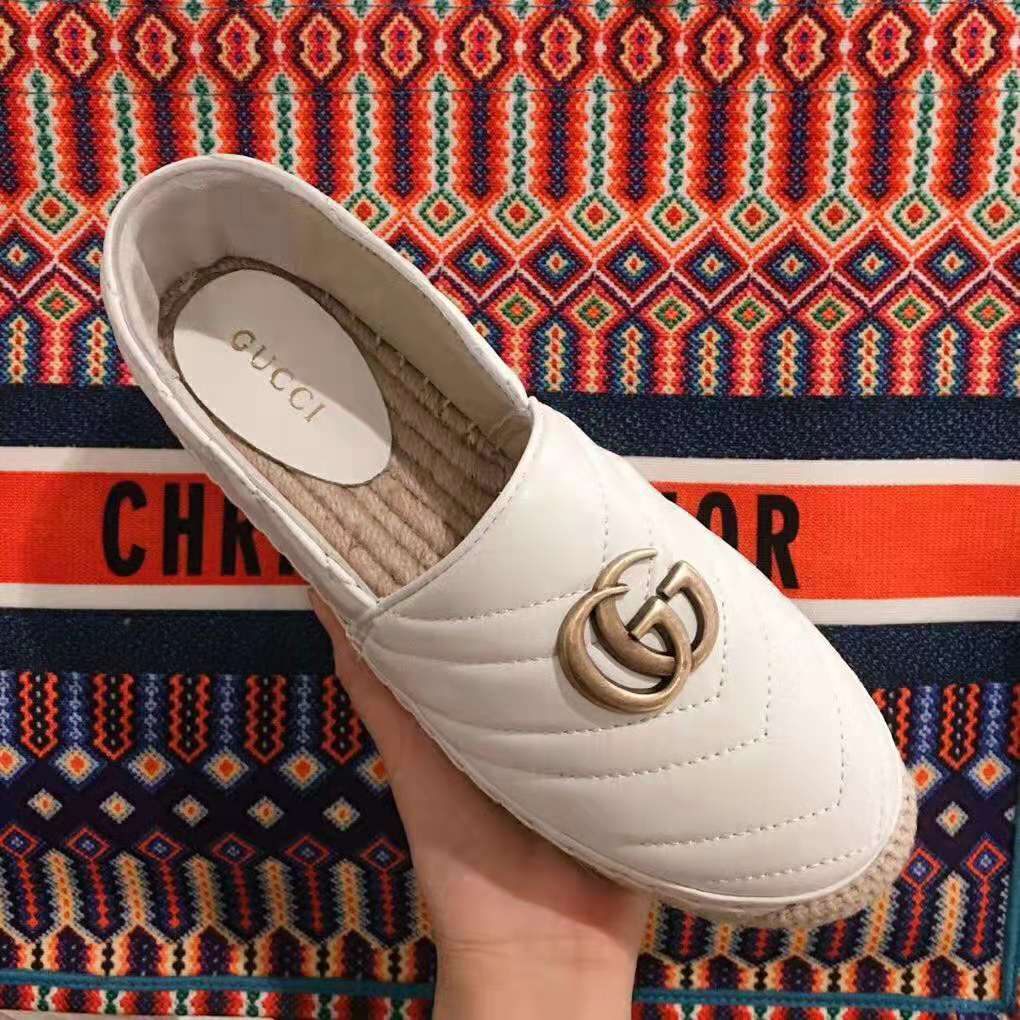 Gucci Women Leather Espadrille with Double G in Matelassé Chevron Leather-White