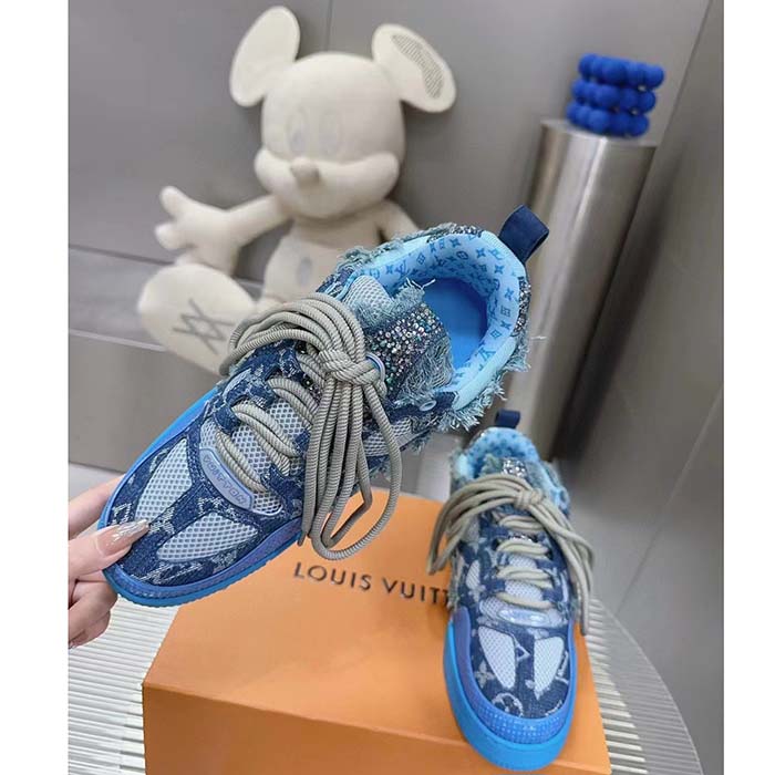 Louis Vuitton Unisex LV Skate Sneaker Blue Swarovski Crystals Monogram Denim Double Laces Rubber