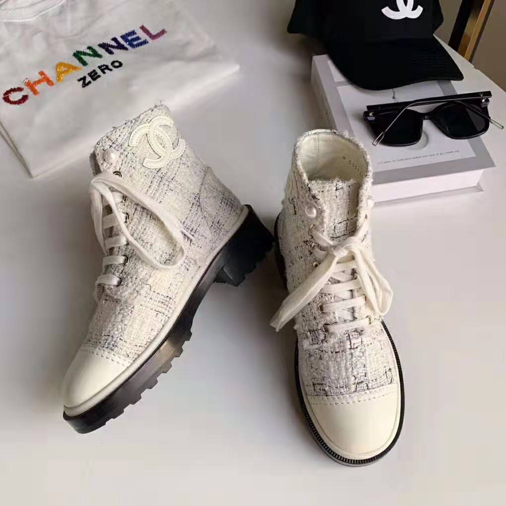 Chanel Women Ankle Boots in Tweed & Calfskin 3.6 cm Heel-Beige