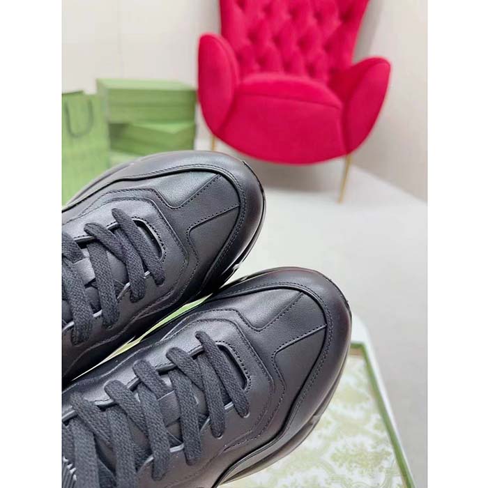 Gucci Unisex Interlocking G Rhyton Sneakers Black Leather White Cut-Out Rubber Sole