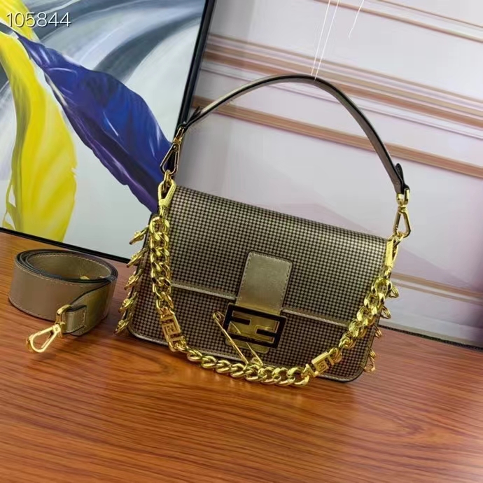 Fendi Women FF Baguette Brooch Fendace Bag Gold Perforated Leather
