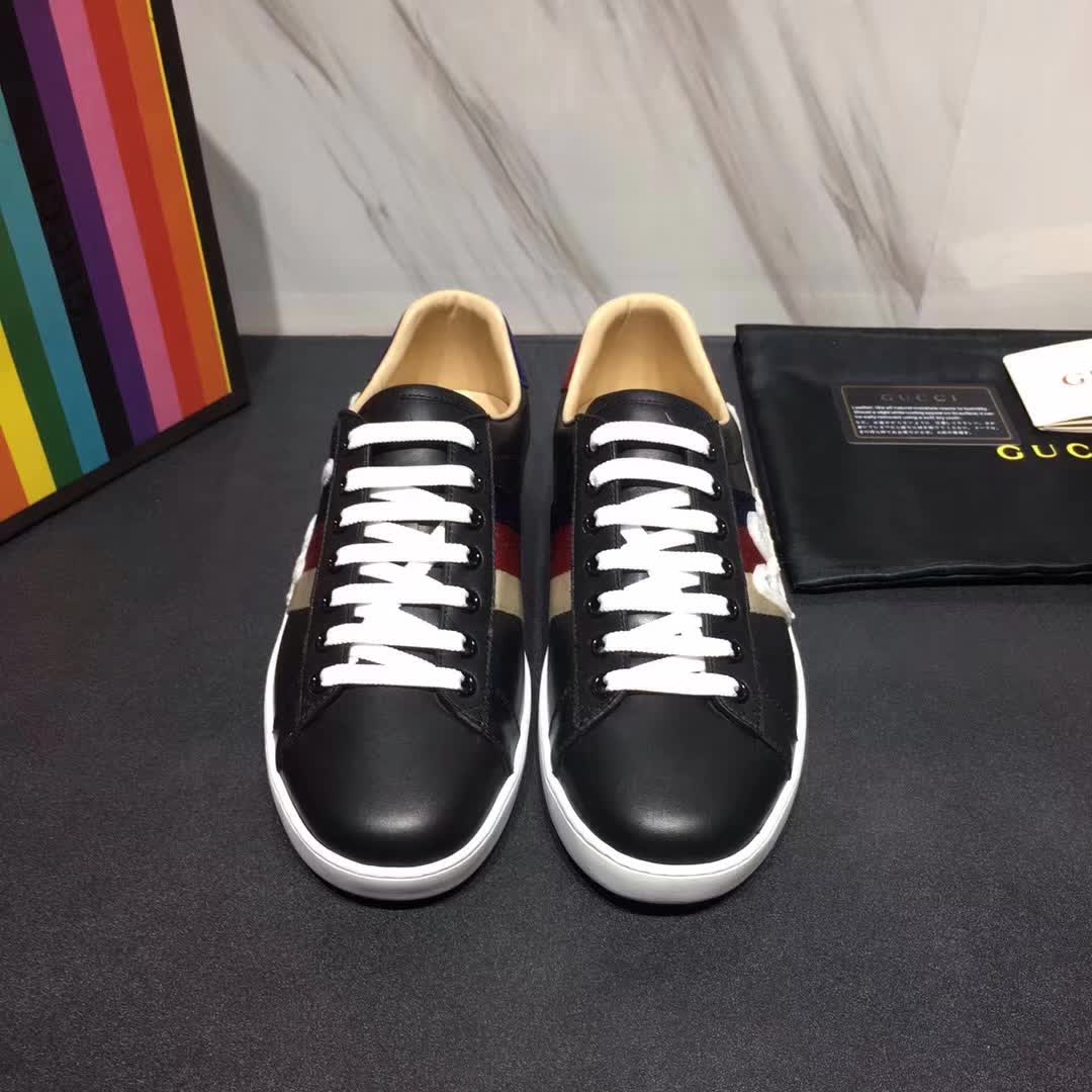 Gucci Men Ace Embroidered Sneaker Shoes in Leather with Sylvie Web-Black