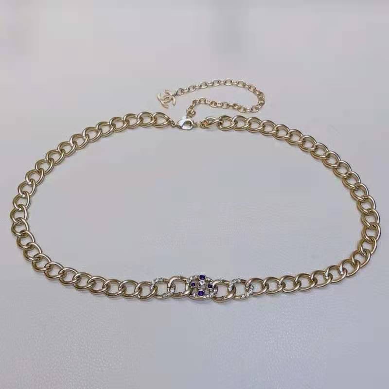 Chanel Women Metal & Glass Strass Gold Blue & Crystal Belt