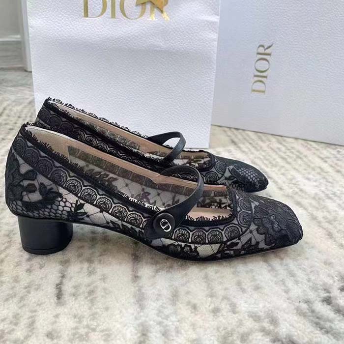 Dior CD Women D-Grace Ballet Pump Black Transparent Mesh Lambskin Roses Embroidery