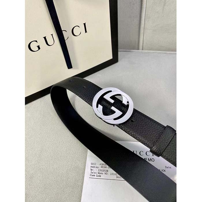 Gucci Unisex Blondie Belt Black Leather Round Interlocking G Buckle 3 CM Width