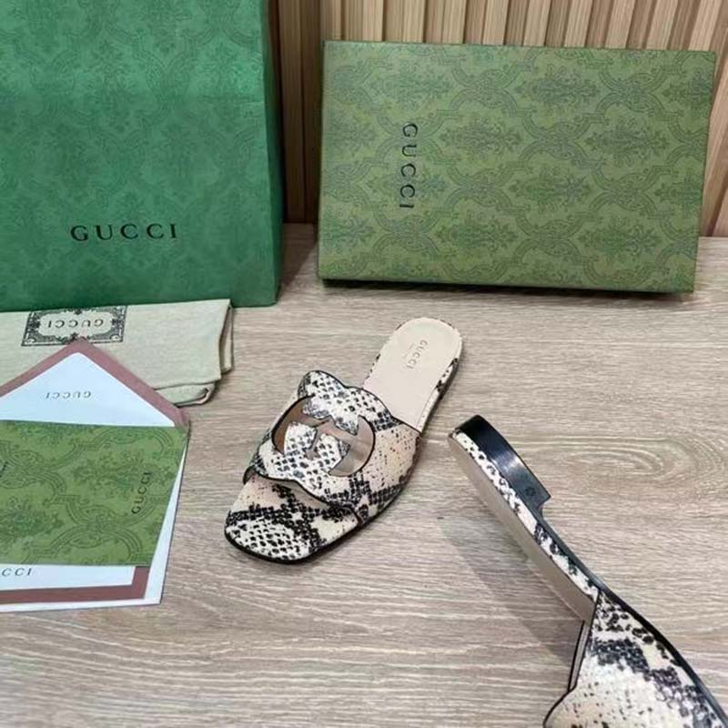 Gucci Women Interlocking G Cut Out Slide Sandal Beige Black Python Print Leather Flat