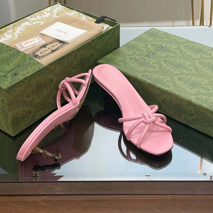 Gucci Women GG Slide Sandal Bamboo Pink Leather Bamboo Low Heel