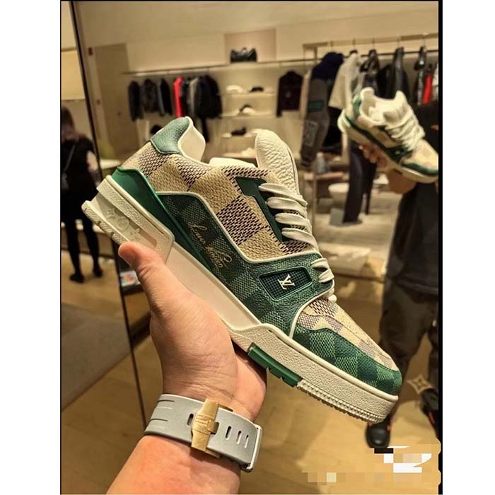 Louis Vuitton Unisex LV Trainer Sneaker Green Damier Grained Calf Leather Rubber Monogram Flowers