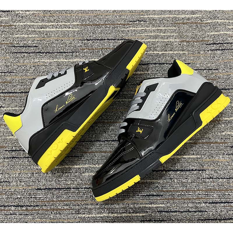 Louis Vuitton Unisex LV Trainer Sneaker Black Patent Canvas Rubber Outsole Monogram Flowers