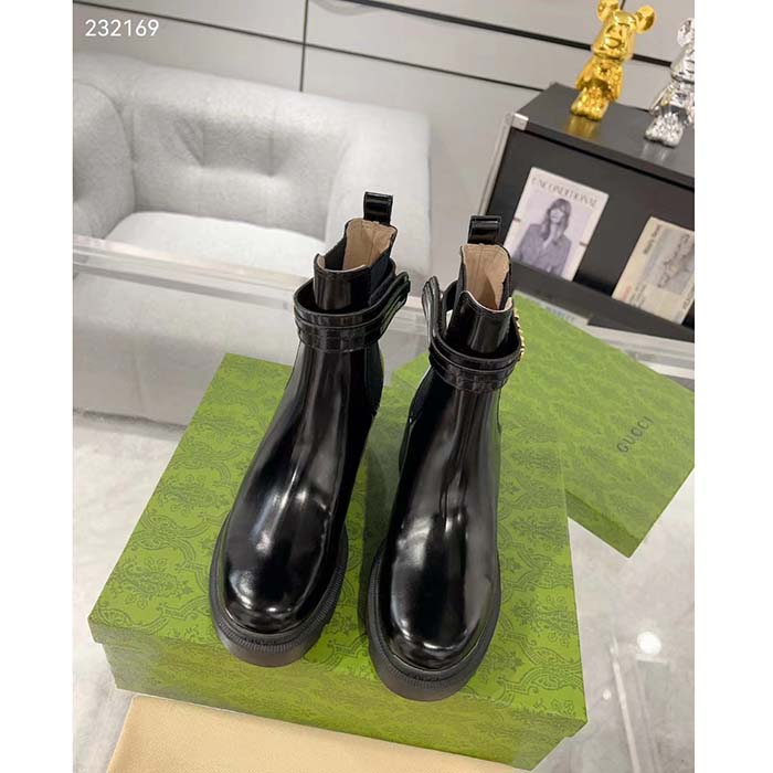 Gucci Women GG Mid-Heel Boot Logo Black Shiny Leather Heel Loop Pull Lug Rubber