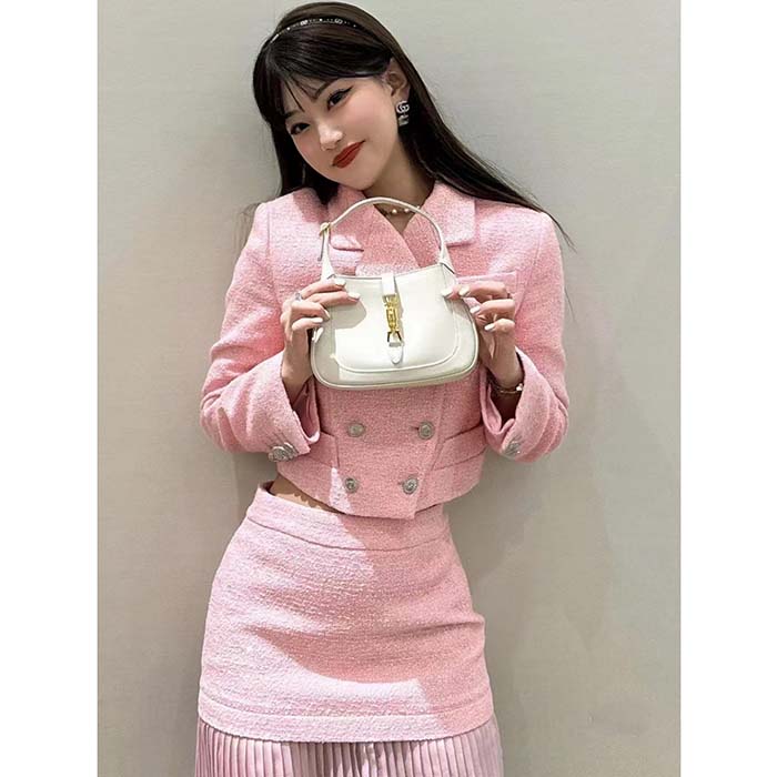 Gucci Women GG Cropped Tweed Jacket Sequins Pink Lined Square Notch Collar Style ‎771480 ZAPKK 5901