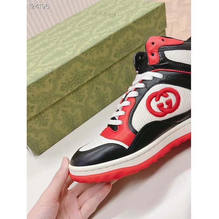 Gucci Unisex Mac80 High Top Sneaker Off Black Red Leather Round Toe Rubber Sole Flat