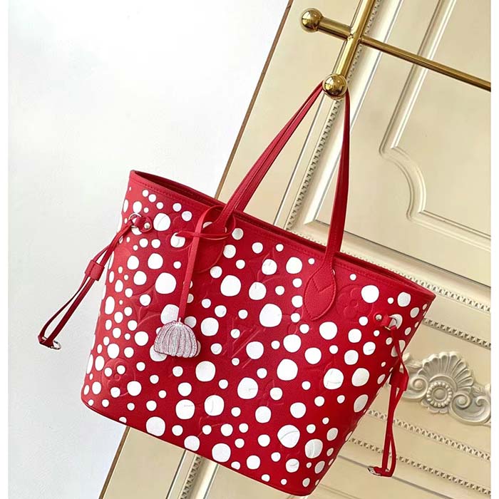 Louis Vuitton Women LVxYK Neverfull MM Tote Red White Embossed Grained Monogram Empreinte Cowhide