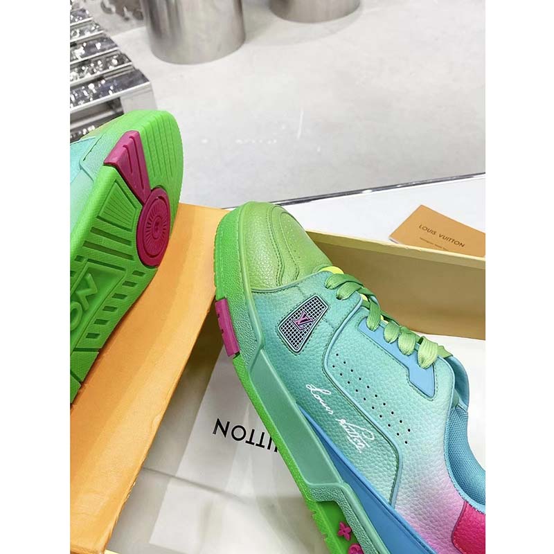 Louis Vuitton Unisex LV Trainer Sneaker Green Grained Calf Leather Rubber Monogram Flowers