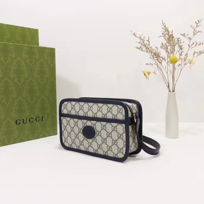 Gucci Unisex GG Shoulder Bag Beige Blue GG Supreme Canvas Leather